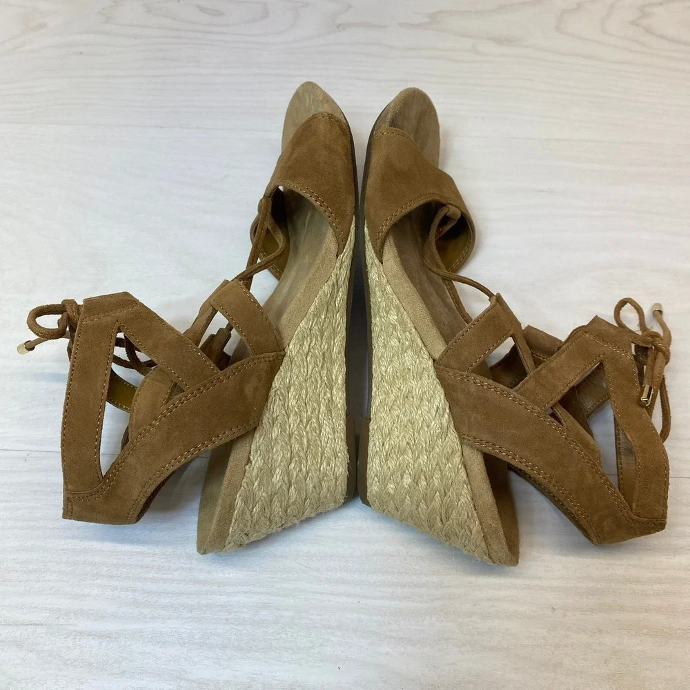 Vionic Womens 8.5 Tansy Wedge Sandal Lace Up Espadrille Tan Suede Comfort Boho